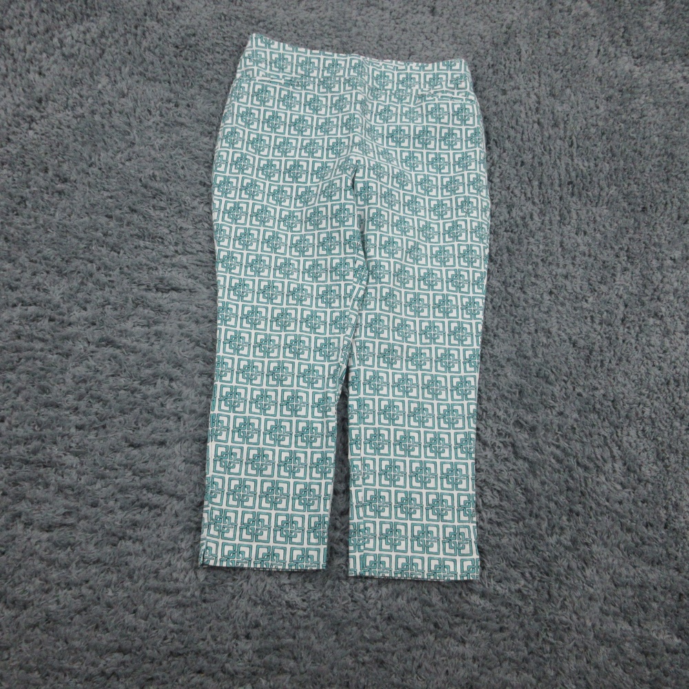 Chicos Pants Womens Size 8 Teal White Geometric Print Stretch Cropped 30x23*